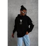Vexor Unisex Sırt Baskılı Kapüşonlu Üç İplik Oversize Sweatshirt - Siyah