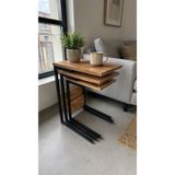 VEYSEL WOODWORKİNG Metal Ayaklı 3'lü Zigon Sehpa Orta Sehpa - Atlantik çam