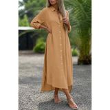 Vezuh Wear Kadın Uzun Kollu Yakalı önden Düğmeli Geniş Kesim Detaylı Uzun Elbise