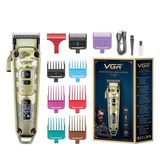 VGR Premium Metal Muhafaza Saç Kesme Makinesi LED Ekran, toz metalurjik Bıçak 5500-7000 RPM 4 Hız motorlu otomatik test düğmesi USB şarjı 4 ayarlanabilir Konik Kol 8 Kılavuz taraklar Çalışma Süresi