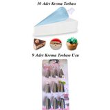 Vi Caro 2 li Set 9 lu Krema Torbası Ucu + 50 Adet Krema Sıkma Poşeti Krem Şanti Sıkma Torbası Pasta Süsleme