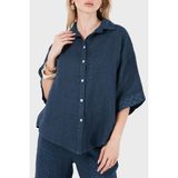 Via Dante % 100 Keten Brode Detaylı Kısa Kollu Gömlek Bayan Gömlek 69912875 - L - XL - Indigo