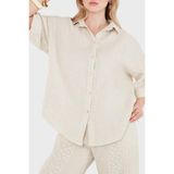 Via Dante % 100 Keten Brode Detaylı Kısa Kollu Gömlek Bayan Gömlek 69912875 - L - XL - Taş