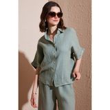 Via Dante Regular Fit Düz Yaka Kısa Kollu Keten Gömlek Bayan Gömlek 5028544 - Haki