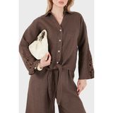 Viadante Via Dante Relaxed Fit Güpür Detaylı Uzun Kollu Keten Gömlek Bayan Gömlek 699E31842 - S - M - Kahve