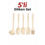 VİALEX Isıya Dayanıklı Yanmaz Yapışmaz Silikon Spatula Mutfak Seti 5 Parça Krem