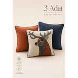 Viamarse 3’lü Dekoratif Kırlent Kılıfı Seti, Geyik Desenli Kiremit ve Lacivert Salon Kombini Lacivert Biyeli 45x45
