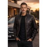 Viamod Leather Erkek Hakiki Deri Ceket Kahverengi Hakim Yaka Premium Slim Fit Gerçek Deri Mont Üretici Garantili