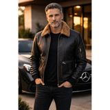 Viamod Leather Erkek Hakiki Deri Ceket Kürk Yakalı Siyah Premium Pilot Model Gerçek Deri Mont Üretici Garantili