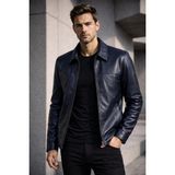 Viamod Leather Erkek Hakiki Deri Ceket Lacivert Premium Slim Fit Klasik Model Gerçek Deri Mont Üretici Garantili - 2XL