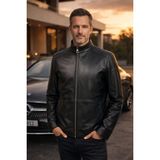 Viamod Leather Erkek Hakiki Deri Ceket Siyah Hakim Yaka Premium Slim Fit Gerçek Deri Mont Üretici Garantili - XL