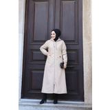 Vibeys Collection Krem İçi Çizgili Önü Cepli Ve Kendinden Astarlı Su Geçirmez Kadın Uzun Trençkot