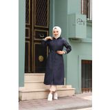 Vibeys Collection Lacivert İçi Çizgili Ve Kapüşonlu Su Geçirmez Kadın Trençkot