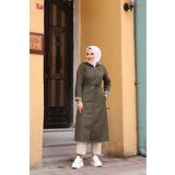 Vibeys Moda Haki İçi Çizgili Ve Kapüşonlu Su Geçirmez Büyük Beden Kadın Trençkot