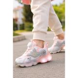 Vicco Çocuk Pudra Beyaz Işıklı Spor Ayakkabı Çevirmeli Bağcık Kalın Taban Günlük Sneaker