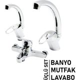 Vice 3LÜ SET BANYO - EVYE MUTFAK - LAVABO AÇ KAPA MİX BATARYA MUSLUK GO-53-vice 03766
