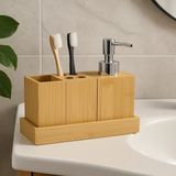 Vichy Doğal Bambu 3’lü Banyo Seti – Sıvı Sabunluk, Diş Fırçalık ve Organizer Stand BR-6710 - Ahşap