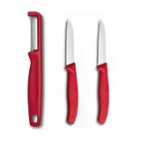 Victorinox 8 cm Kırmızı Tırtıklı ve Düz Bıçak ve Domates Sebze Soyucu 3lü Set