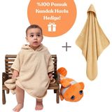 Viego Organik %100 Pamuk Kapüşonlu Plaj Çocuk Bebek Panço Bornoz Banyo Havlu + Kundak Havlu Hediyeli - 0 - 2 Yaş - Camel