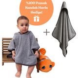 Viego Organik %100 Pamuk Kapüşonlu Plaj Çocuk Bebek Panço Bornoz Banyo Havlu + Kundak Havlu Hediyeli - 0 - 2 Yaş - Gri