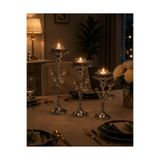 Vien Home 3'lü Gümüş Lotus Mumluk Seti Kristal Taş Detaylı Metal Şamdan Dekoratif Mumluk