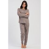 VİENETTA Kadın Büyük Beden Espresso Uzun Kollu Bisiklet Yaka Desenli Pijama Takımı C0T7N2305