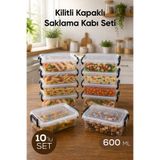 Vienev 10'lu Kilitli Kapak Saklama Kabı Seti 600 ml Şeffaf Dikdörtgen Mikrodalga Uyumlu Saklama Kutusu