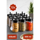 Vienev 12 Parça Siyah Serigrafi Etiketli Kendinden Kaşıklı Baharatlık Seti 300 ml Şık Tasarım