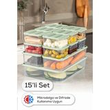 Vienev 15’li Buzdolabı Dondurucu Organizer Mikrodalga ve Difrize Uygun Saklama Kabı Mint 12x(350ML) 2x(1,65LT) 1x(3,5LT)