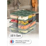 Vienev 15’li Buzdolabı Dondurucu Organizer Mikrodalga ve Difrize Uygun Saklama Kabı Yeşil 12x(350ML) 2x(1,65LT) 1x(3,5LT)