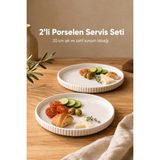 Vienev 2 Parça 20 cm Porselen Servis Tabağı Seti - Modern Çizgili Yuvarlak Sunum Tabağı