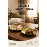 Vienev 2'li Gold Renk Dövme Desenli Metal Sunum Tepsisi 14 cm - Çikolata Lokumluk Çerezlik Dekoratif Tepsi - Altın