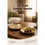 Vienev 2'li Gold Renk Dövme Desenli Metal Sunum Tepsisi 14 cm - Çikolata Lokumluk Çerezlik Dekoratif Tepsi
