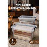 Vienev 2'li Kilitli Kapak Saklama Kabı Seti 25 Lt Şeffaf Dikdörtgen Saklama Kutusu - Beyaz