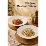 Vienev 2'li Porselen Çizgi Desenli Çukur Makarna Tabağı Salata Sunum Kasesi 27 cm