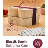 Vienev 3'lü Elastik Bantlı İstiflenebilir Pratik Saklama Kabı Seti 2x(1100 ml) 1x(2600 ml) Bej