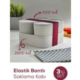 Vienev 3'lü Elastik Bantlı İstiflenebilir Pratik Saklama Kabı Seti 2x(1100 ml) 1x(2600 ml) Gri