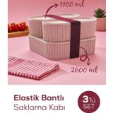Vienev 3'lü Elastik Bantlı İstiflenebilir Pratik Saklama Kabı Seti 2x(1100 ml) 1x(2600 ml) Pembe
