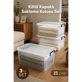Vienev 3'lü Kilitli Kapak Saklama Kabı Seti 15 Lt Şeffaf Dikdörtgen Saklama Kutusu