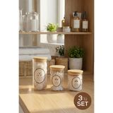 Vienev 3'lü Pamukluk Seti Etiketli Bambu Kapaklı Cam Kavanoz | 1x230 ml - 1x280 ml - 1x450 ml