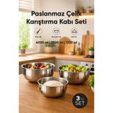 Vienev 3'lü Paslanmaz Çelik Karıştırma Kabı Seti - 1200-2500-4000 ml Metal Kase Takımı