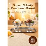 Vienev 3'lü Set Gümüş Renk Metal Dondurmalık Seti (2x Geniş Kısa Kase 1x Kayık Tabak) - Şık Sunum ve Tatlı Kasesi