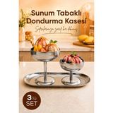 Vienev 3'lü Set Gümüş Renk Metal Dondurmalık Seti (2x Kısa ve Uzun Kase 1x Kayık Tabak) - Şık Sunum ve Tatlı Kase - 150 ml
