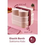 Vienev 4'lü Elastik Bantlı İstiflenebilir Pratik Saklama Kabı Seti 2x(1100 ml) 2x(2600 ml) Pembe