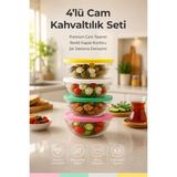Vienev 4'lü Renkli Kapaklı Cam Kase Seti 415 cc - Kahvaltılık Saklama Kabı - 410 cc - Çok Renkli