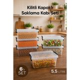 Vienev 6'lı Kilitli Kapak Saklama Kabı Seti 5,5 Lt Şeffaf Dikdörtgen Mikrodalga Uyumlu Saklama Kutusu