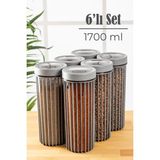 Vienev 6lı Linea Çevir Aç Kapak Kavanoz Saklama Kabı Seti 1700 Ml Gri