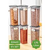Vienev 6'lı Set Büyük Boy 1,75 Litre Antrasit Etiketli Kare Plastik Erzak Saklama Kabı - Gri - 1,75 lt