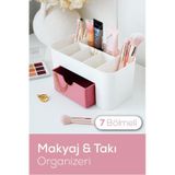 Vienev 7 Bölmeli Çekmeceli Makyaj Takı Organizeri - Masaüstü Düzenleyici Pembe Şeffaf