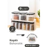 Vienev 9'lu Beyaz Standlı Kaşıklı Etiketli Kendinden Yapışkanlı Baharatlık Seti Beyaz